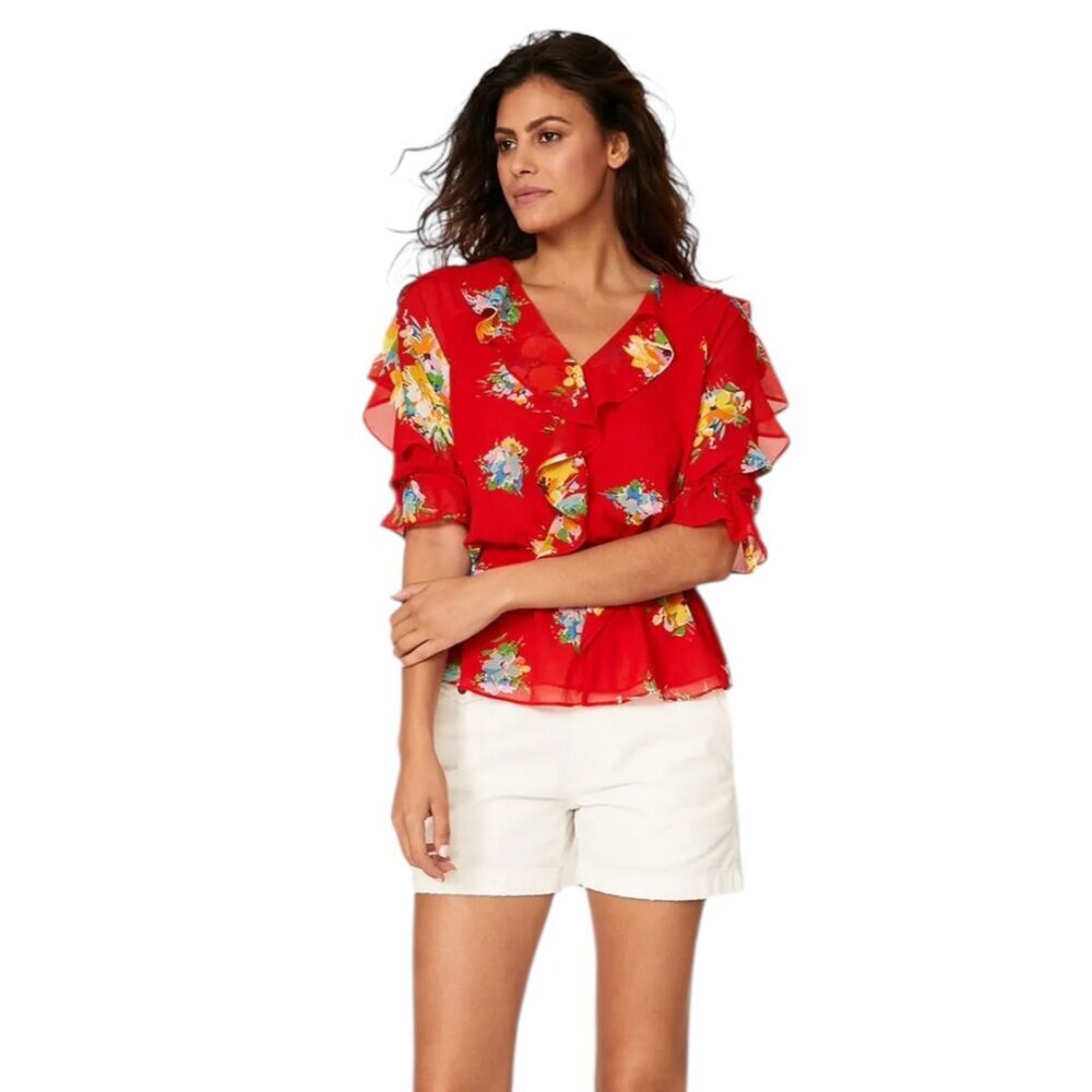 Lauren Ralph Lauren Savianne Peplum Top Red Floral Crepe Ruffles Puff Sleeve S - Picture 1 of 8